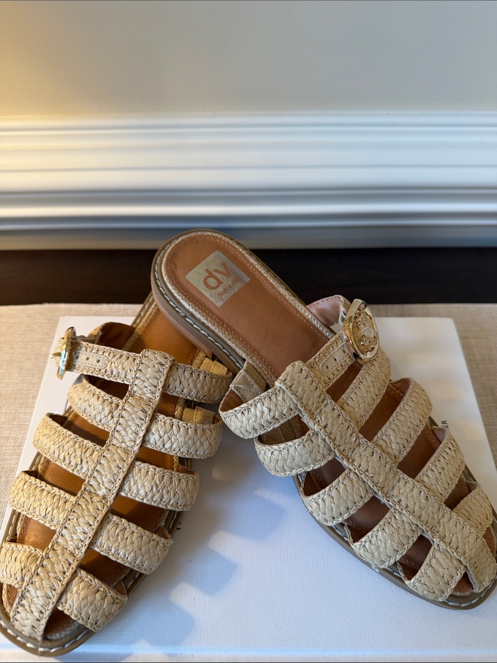 Beige Woven Slide Sandals